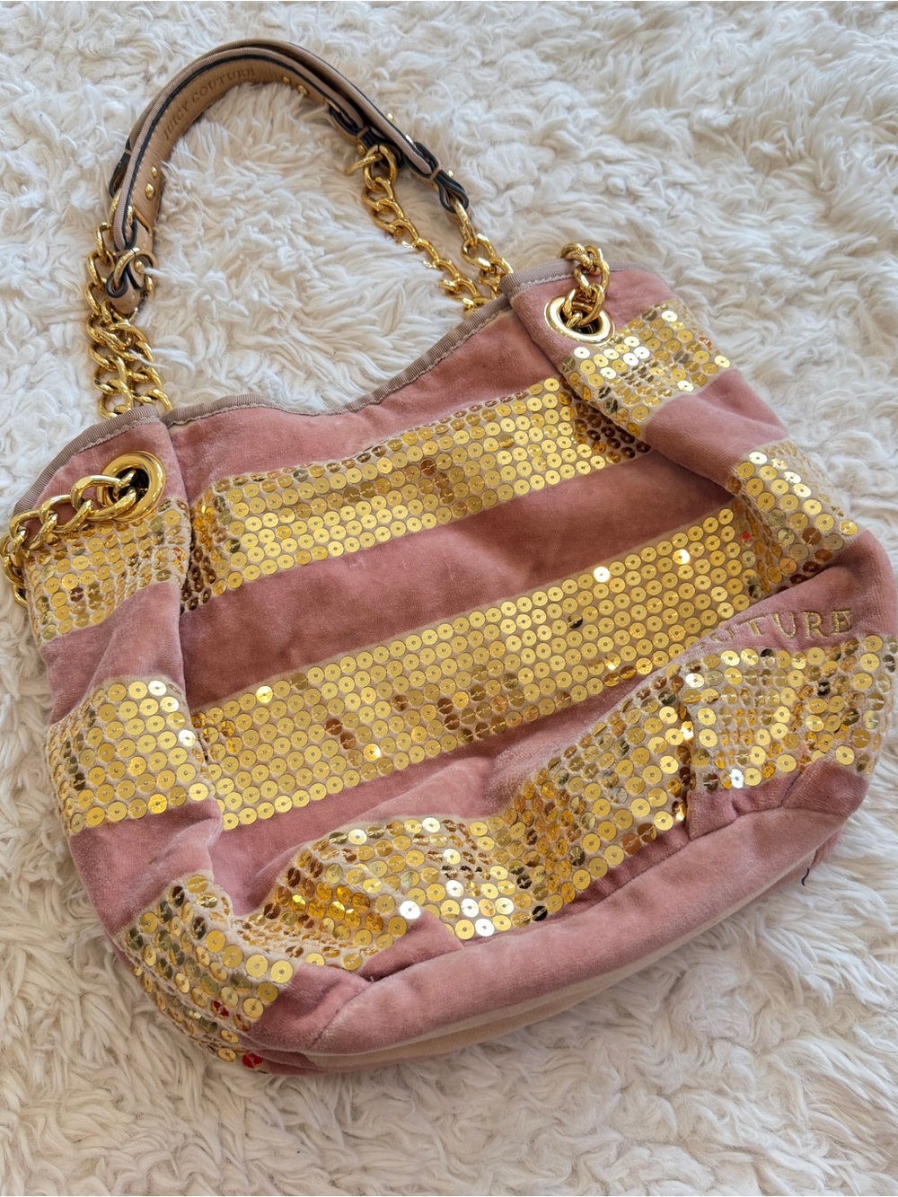 Juicy Couture pink velour and gold sequin shoulder bag